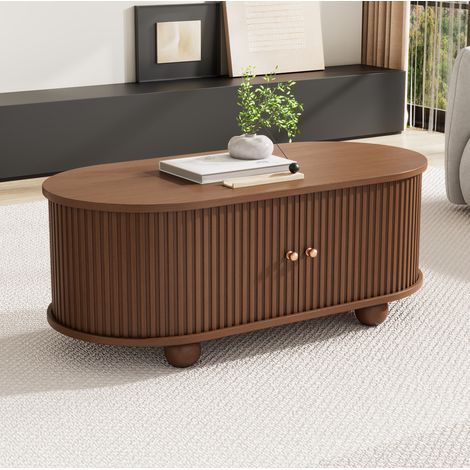 Mesa de centro ovalada de MDF 100 x 50 x 40 cm color nogal con almacenaje y puertas correderas (1/5)