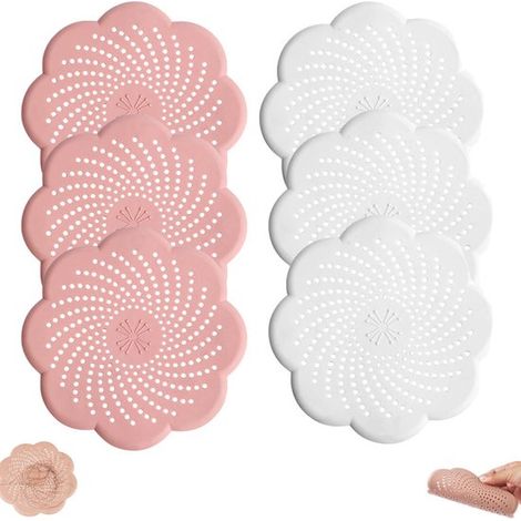 Lot de 6 protections anti-cheveux en silicone pour évier - bouchon de vidange - filtre anti-cheveux - convient aux salles de douche, baignoires, lavabos et buanderies. Blanc et rose. (1/5)