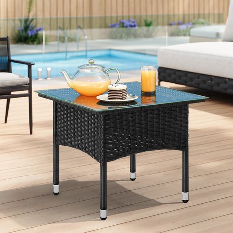 WOLTU Polyrattan Beistelltisch Wetterfest Balkontisch Gartentisch mit Glasplatte für Balkon Terrasse Garten, 50x45,5x50 cm, Schwarz