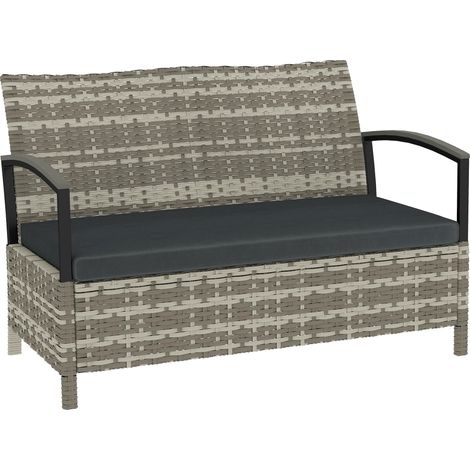 Banc de jardin avec rangement, banquette 2 places avec coussins et poignées, capacité 125 L, résine tressée, 123 x 70 x 82 cm, gris foncé (1/5)