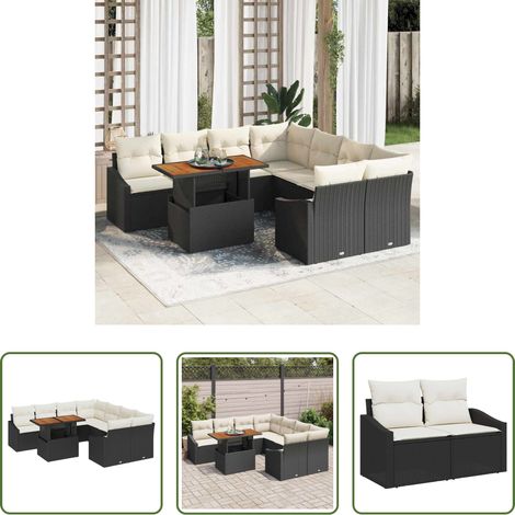 Gartenbank -  Garten Essgruppe mit Kissen Schwarz und Creme 100 x 55 x 73 cm (1/5)