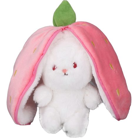 Coussin Peluche Lapin Réversible Fraise, Doudou Animal Mignon Cartoon, Oreiller Décoratif Maison, Jouet Enfant 25cm (1/5)