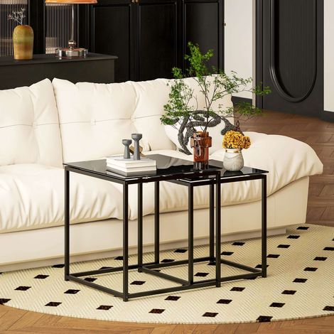 Lot de 2 tables d'appoint gigognes carrées, verre trempé et acier noir, 50x50x52 et 42x42x42 cm, charge 30 kg (1/5)
