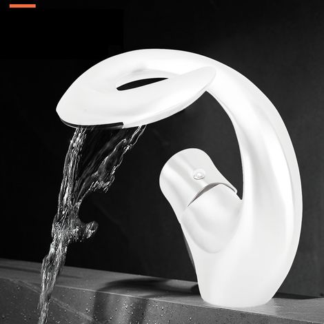 Robinet de lavabo de salle de bain, en laiton avec eau chaude et froide, vasque de salle de bain créative, vasque encastrée style cascade, blanche pour usage domestique. (1/5)
