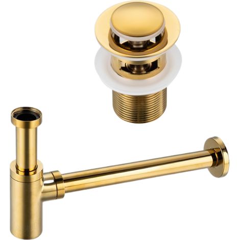 BALNEO - ensemble bonde de lavabo Klik Klak B avec trop-plein doré + siphon rond doré en laiton - kit pour lavabo (1/5)