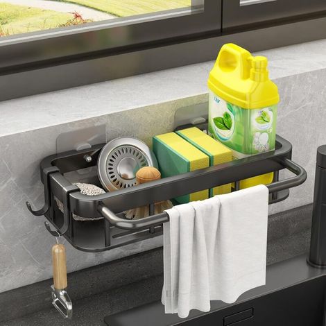Porte Eponge Evier Cuisine, Organiseur D'éVier en Acier Inoxydable, avec Un Porte-Serviettes et 2 Crochets pour la Cuisine et la Salle de Bain (Noir)