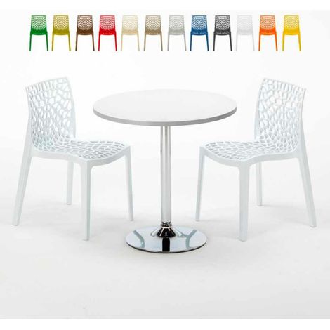 Table Ronde Blanche 70x70cm Avec 2 Chaises Colorées Grand Soleil Set Intérieur Bar Café Gruvyer Long Island - Blanc (1/5)