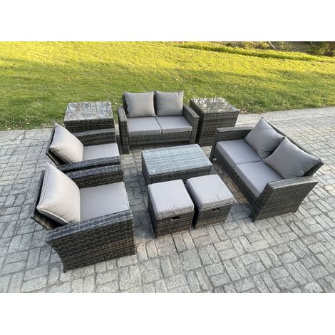 Fimous Gartenmöbel Set 9 Stücke Rattanmöbel für draußen Gartensofa Stuhl set mit Couchtisch 2 Kleiner Fußhocker 2 Beistelltische Dunkelgrau Gemischt (1/5)