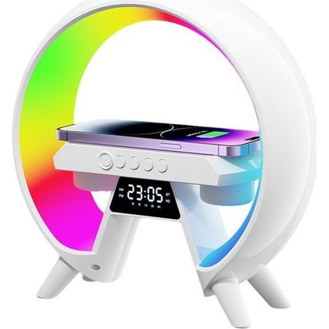 Enceinte Bluetooth multifonction – Horloge, chargeur sans fil, veilleuse – Blanc – 236x236x80mm (1/5)
