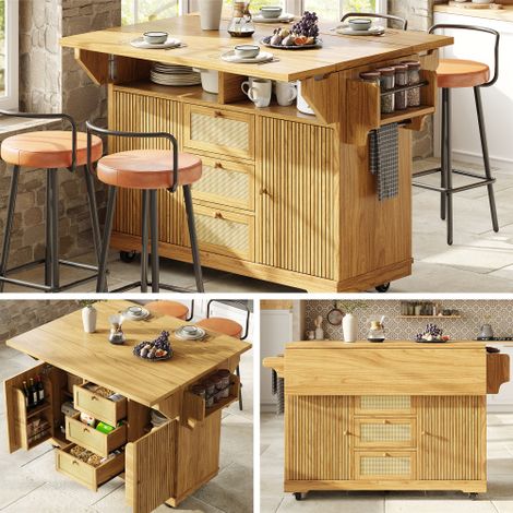 Carrello di servizio pieghevole, carrello da cucina da 95 cm con altezza ergonomica, cassetti in rattan PE, carrello mobile con ruote per cucina, balcone e campeggio, marrone naturale (1/5)
