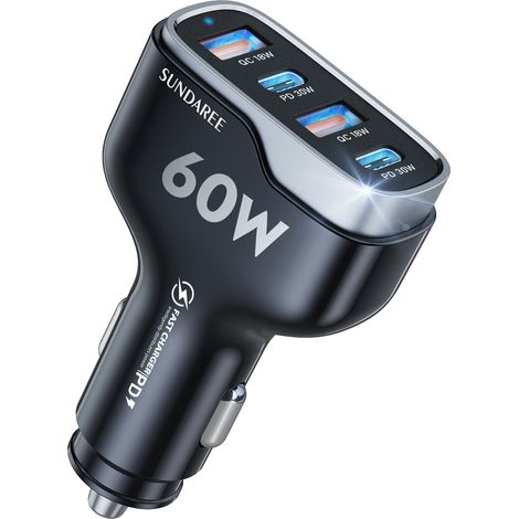 USB-C-Autoladekabel, 4 Anschlüsse, 60 W, 9,6 A, 12 V, Schnelllade-USB-Kabel für den Zigarettenanzünder, Autoladegeräte für Samsung Galaxy A02S/iPhone 13/Xiaomi Redmi Note 10/POCO F3/Huawei/Oppo