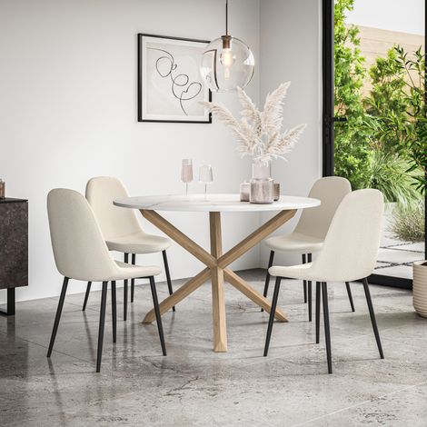 Malvern Round Dining Table And Chairs -  Marble Table Top w Solid Oak Legs + Maya Boucle Dining Chair Set Of 4 (Ivory White) (1/5)