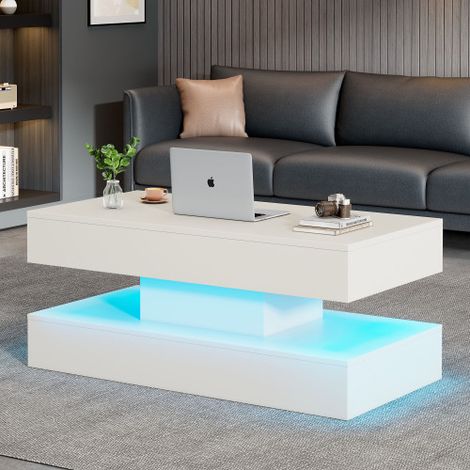 Table basse relevable blanche avec éclairage LED, 100x50x42 cm, capacité de charge 50 kg
