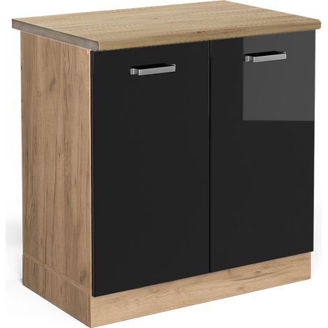 Armario bajo para fregadero R-Line, Negro brillo intenso, 80 cm , ET Roble, Vicco