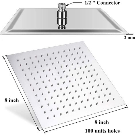 Pomme de douche fixe carrée en acier inoxydable avec miroir, pivotant à 180°, pulvérisateur puissant à haute pression pour salle de bains. (1/4)