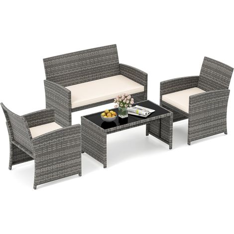 COSTWAY Set Conversazione da Giardino 4 Pezzi, Divanetto Rattan e Tavolo Vetro, Cuscini,Bianco (1/5)