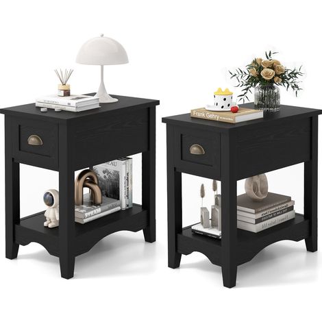 COSTWAY 2 PCS Side End Table Retro Side Table Rectangular Nightstand-Black (1/5)