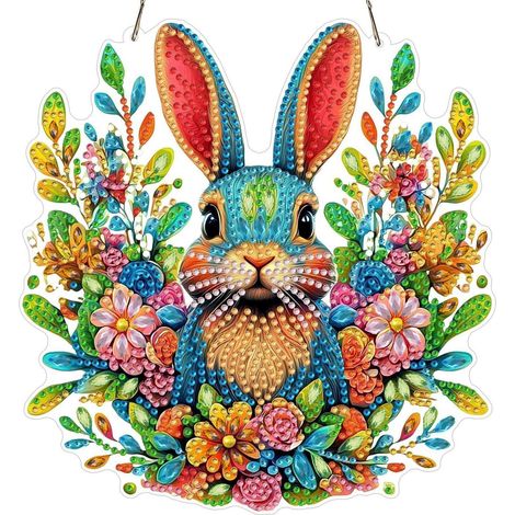 Ostern Diamond Painting Anhänger Hase mit Blumen, 5D Diamant Malerei Bastelset für Fenster & Wand