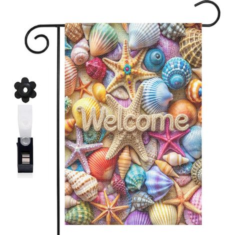 Drapeau de jardin étoiles de mer et coquillages pour le jardin 30 x 45 cm décoration cour et balcon (1/5)