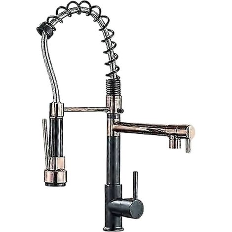 Robinet de cuisine en or rose avec bec pivotant à 360°, mitigeur extensible à deux jets, construction haut de gamme en acier inoxydable et laiton. (1/5)
