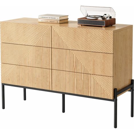 Buffet 6 tiroirs en MDF bois clair avec façade 3D géométrique et piètement métal noir, meuble de rangement pour salon ou salle à manger  CHICFURN (1/5)