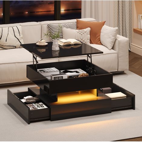 Couchtisch 65x65x38,5 cm, anhebbar, mit verstecktem Stauraum, LED Lichtleiste, Spanplatte, Schwarz (1/5)
