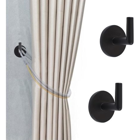 Lot de 2 embrasses pour Rideaux Crochets Auto-adhésifs à Fixer au Mur Crochets de Suspension pour Rideaux en métal sans Trace, Crochets de Rangement pour Rideaux décoration intérieure (Noir) (1/5)