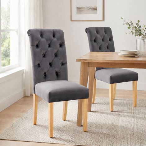 Set 2 sedie da pranzo in velluto grigio con gambe in rovere e schienale trapuntato HAVRYA (1/5)