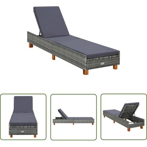 Transat chaise longue bain de soleil avec coussin résine tressée gris (1/5)
