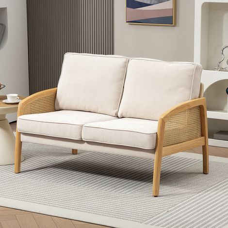 Sofá de 2 Plazas Tapizado en Chenilla con 2 Almohadas Lavables y Reposabrazos de Ratán Sintético 123x75x88 cm Beige (1/5)
