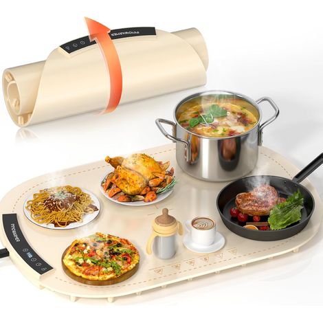 Chauffe Plat Électrique,Plaque Chauffante Électrique Silicone Pliable Flexible,Plaque Chauffante avec 5 Température Réglable et Minuteur,Chauffe Plat pour Buffet Fête Familiale (Rond Blanc) (1/5)