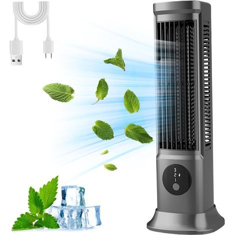 Vakuum-Ventilateur tour oscillant silencieux de 29 cm (11,5 pouces), 3 vitesses, pour rafraîchir votre chambre, ventilateur sur pied horizontal/vertical à 90°, alimentation USB sans pales, gris, idéal (1/4)