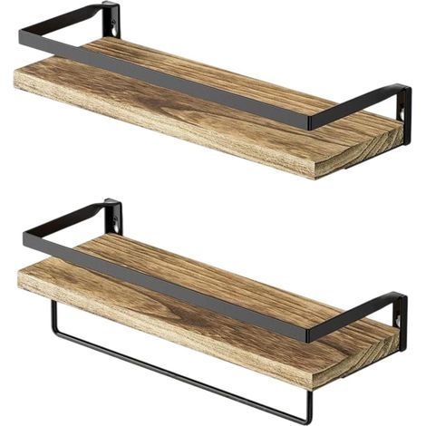 Lot de 2 étagères murales modernes style industriel 40 x 15 cm avec protection anti-chute pour rangement déco en bois noir (1/4)