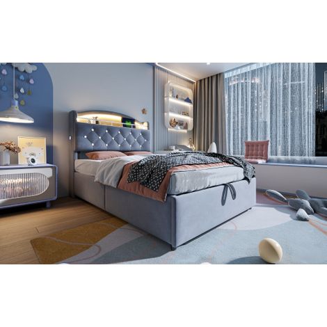 Kinder Polsterbett, Samt Einzelbett Multifunktionsbett mit Stauraum mit LED und USB