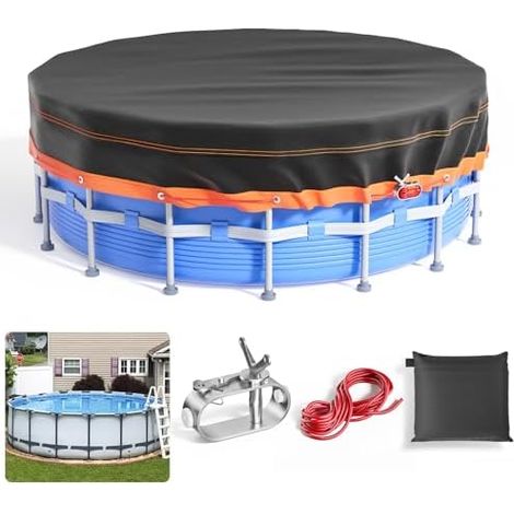 Poolabdeckung Rund 376cm, 12ft Poolabdeckung mit Kordelzug Whirlpool Abdeckung Schwimmbad Lagertank Abdeckplane, Wasserdicht Staubdicht Waschbar Oxford-Gewebe Stabilität Installation Schwarz (1/5)