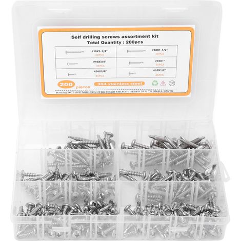 Lot de 200 vis autoforeuses tête ronde cruciforme en acier inoxydable 304, kit de visserie assorti (1/5)