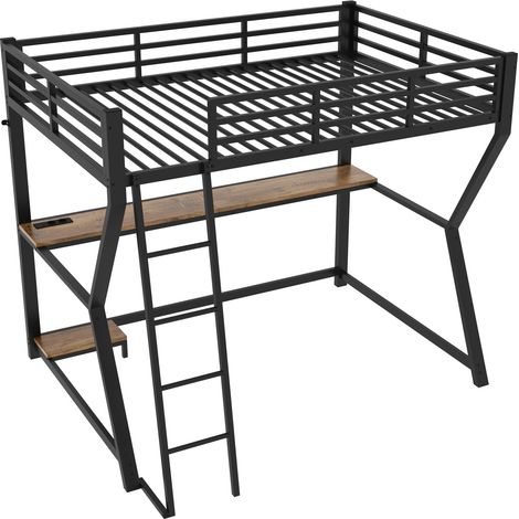 CAIziLit mezzanine 90x200 cm, bureau, tablette PC, LED USB, noir, sans matelas (1/5)