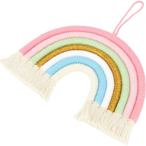 Tapis Macramé Tissé Arc-en-ciel 7 Couleurs Décoration Murale Tressée à Main avec Pompons pour Salon Chambre Accessoire Photo BZ-703 (1/5)