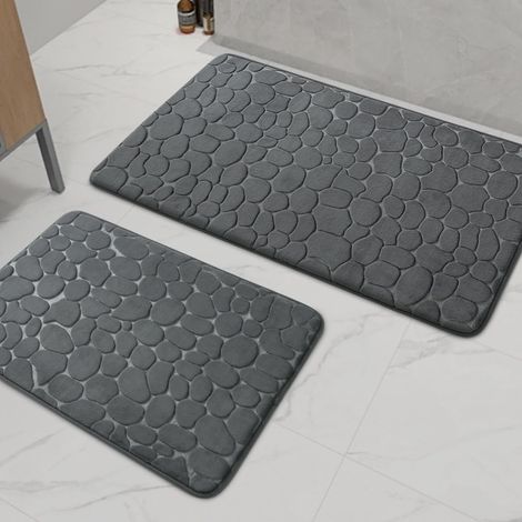 Tapis De Salle De Bain - Ensemble 2 Pièces - Mousse À Rétention Lente - Surface Gravillonnée - Antidérapant - Absorbant - Lavable En Machine - Pour Baignoire Toilette Et Sol - Gris Foncé - 40x60 cm + (1/5)