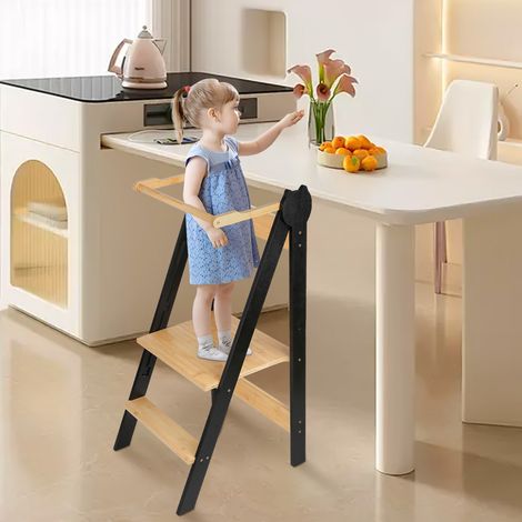 Torre de Aprendizaje de Madera para Bebés Montessori Plegable Altura Regulable con Barra de Seguridad 42x53x88cm