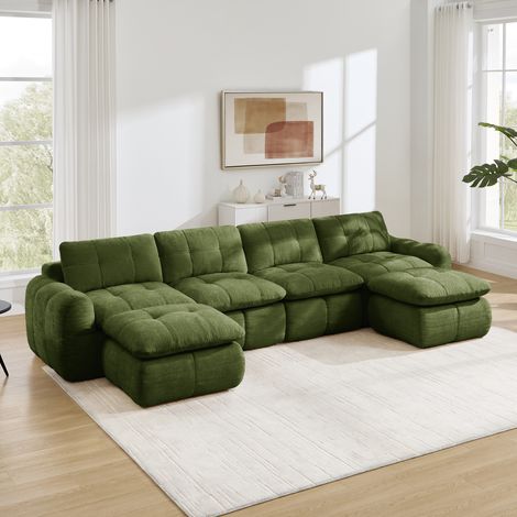 Canapé panoramique u 334x160x68 cm – canapé xl 4 places avec pouf assise épaisse modules séparables – chenille – vert (1/5)