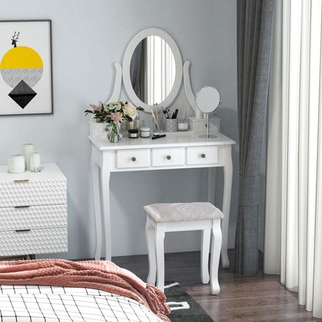 Coiffeuse + table blanche noir maquillage tabouret et miroir 5 tiroirs en MDF (blanche)
