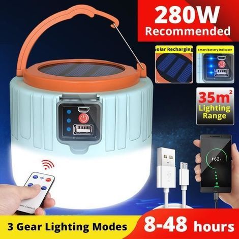 Campinglampe, wiederaufladbare LED-Solarlampe mit USB-Anschluss, tragbare Notlaterne für Zelte und Camping – 280 W mit Fernbedienung
