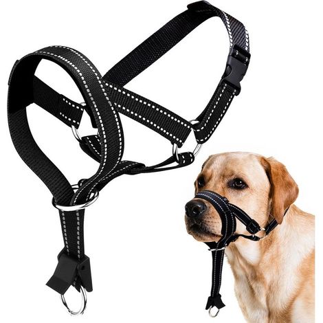 TONYSA Muselière pour chien avec tête réglable + harnais de dressage réfléchissant, rembourrage en néoprène et fonction anti-traction pour des promenades en toute sécurité, noir, XL (1/4)