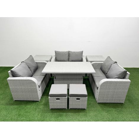 Fimous 8 Seater PE Wicker Rattan Furniture Sofa Sets with Adjustable Lifting Dining or Coffee Table 2 Seater Love Sofa 2 Stool 2 Side Table Light Grey (1/5)