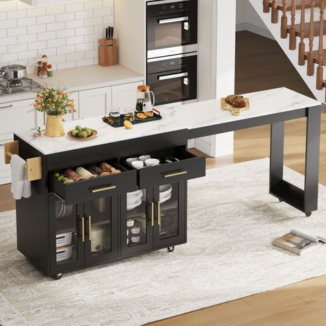 Mobilier de cuisine avec îlot mobile, noir, extensible de 132,5 à 217 cm, avec bar escamotable et rangement, HOMAIRE (1/5)