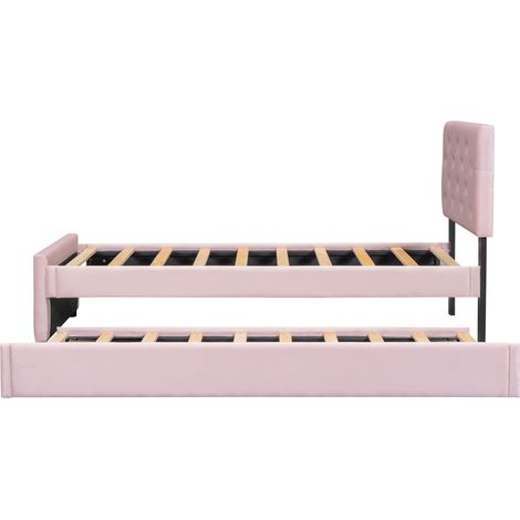 Letto imbottito 90x200 cm con rete a doghe e letto estraibile su ruote in velluto rosa MODENUIT (1/5)
