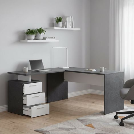 Dmora Escritorio esquinero, Made in Italy, Mesa minimalista para ordenador, escritorio para PC, 160x60h75 cm, color gris ceniza y blanco brillante, con embalaje reforzado (1/5)
