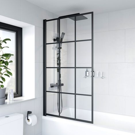 Aquari Bath Shower Screen Black Grid Square Door Hinged 800mm Framed Safety Glass Panel (1/5)