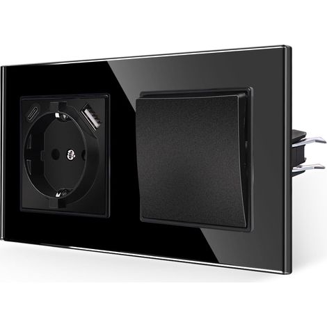 Interrupteur avec prise noire, prises en verre 16 A avec charge rapide USB et port de type C max.2,1 A, prise murale encastrée 157 x 86 mm, 250 V (1/5)